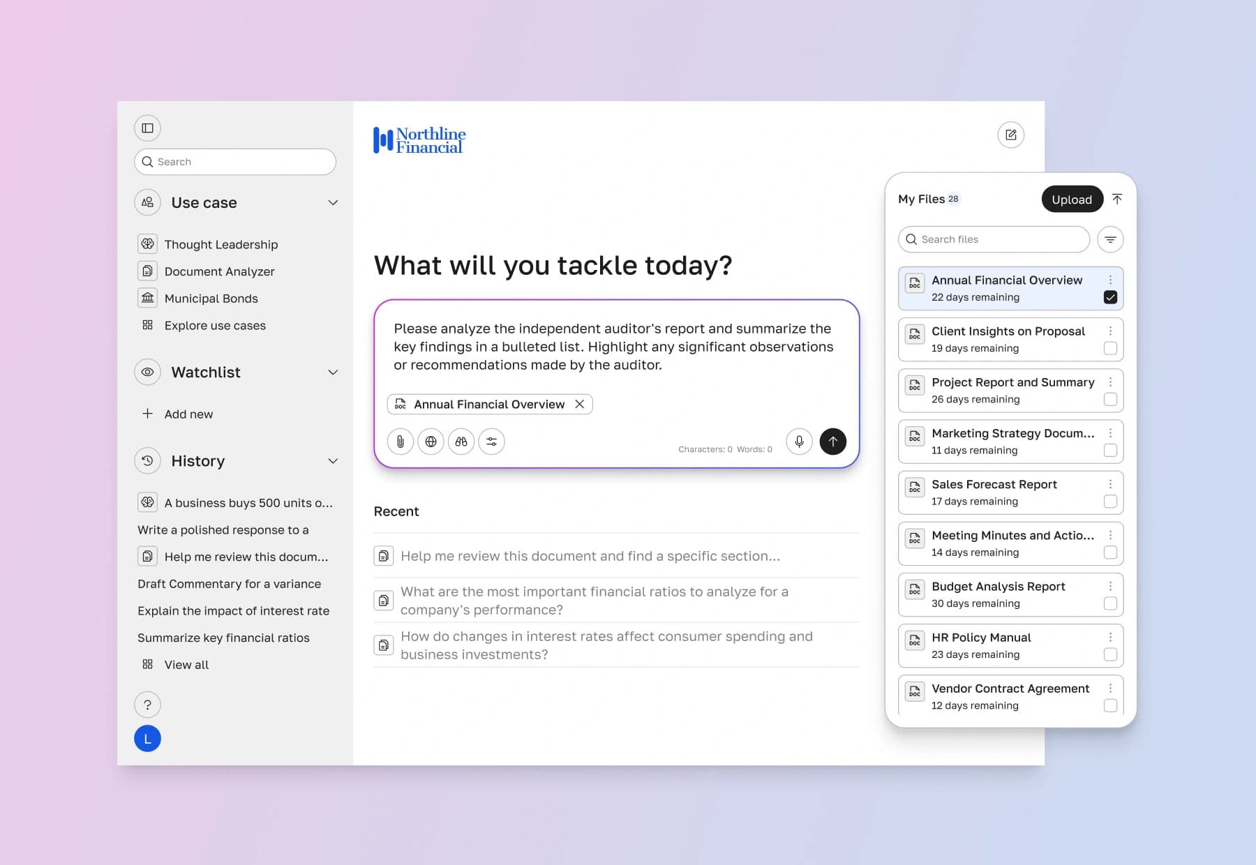 AI assistant interface showing a research prompt and file list