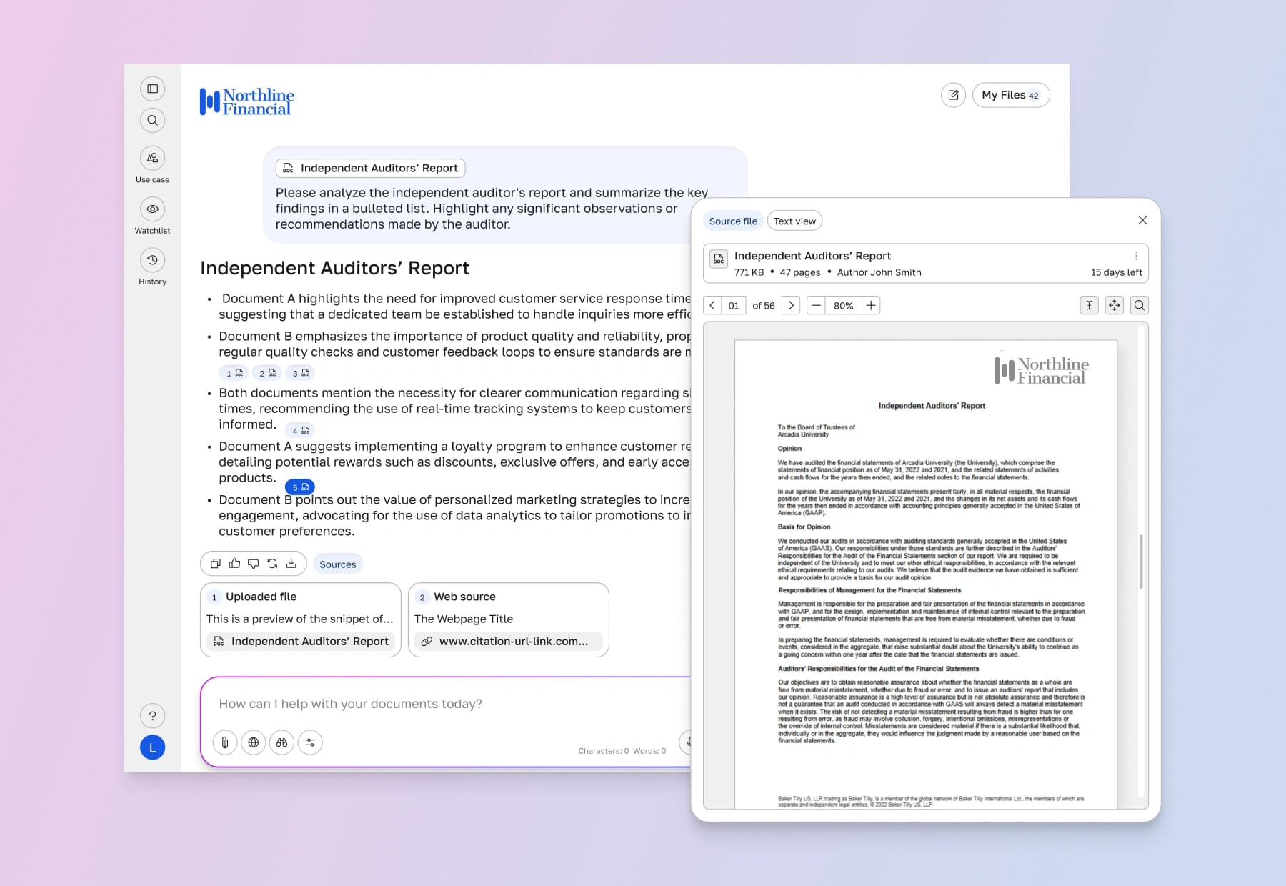 Document analysis view with an auditor's report open alongside a summary