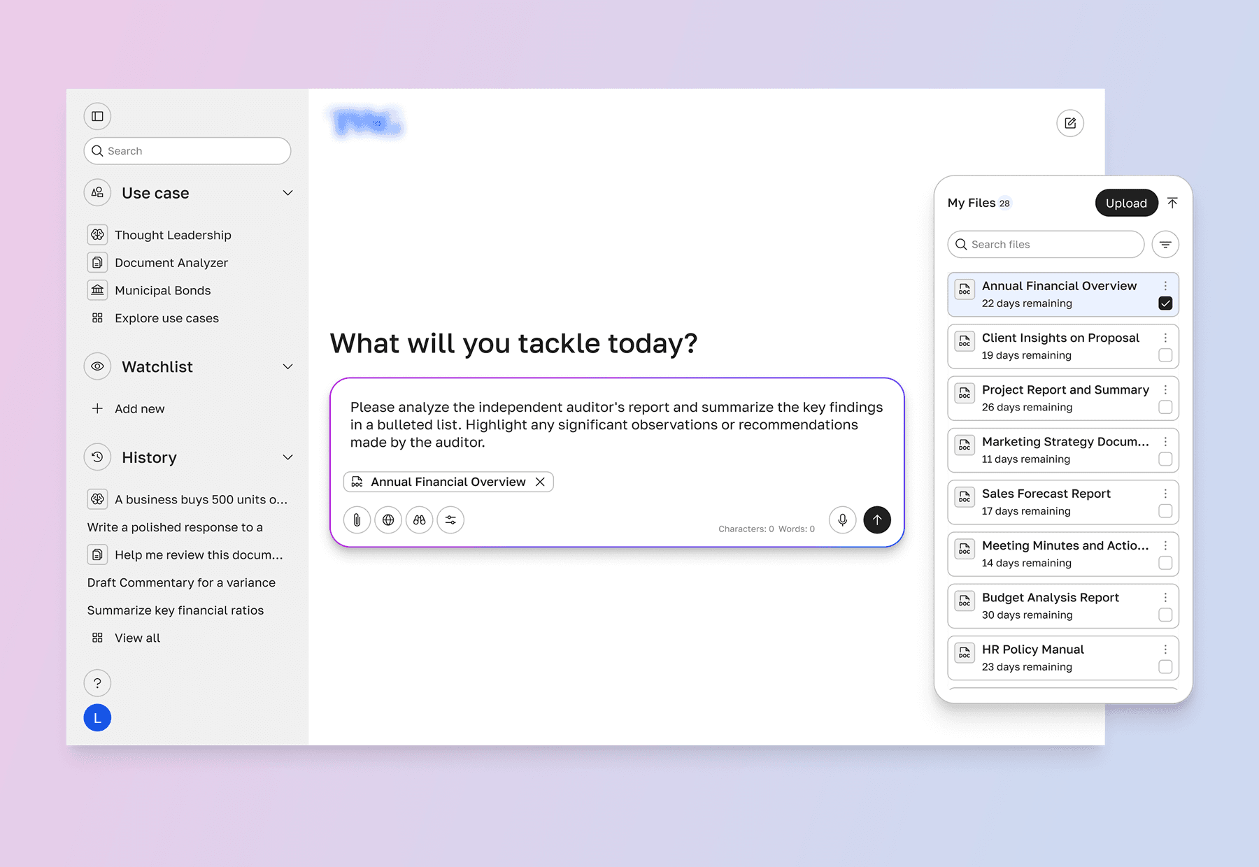 AI assistant interface showing a research prompt and file list