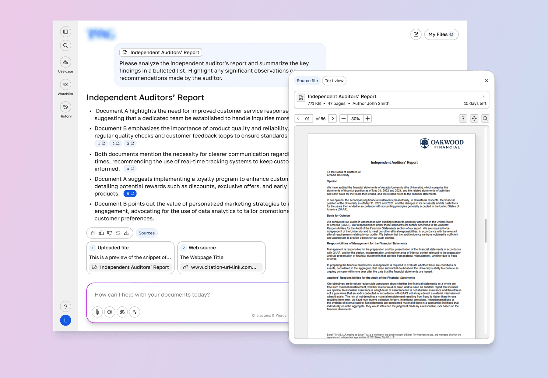 Document analysis view with an auditor's report open alongside a summary