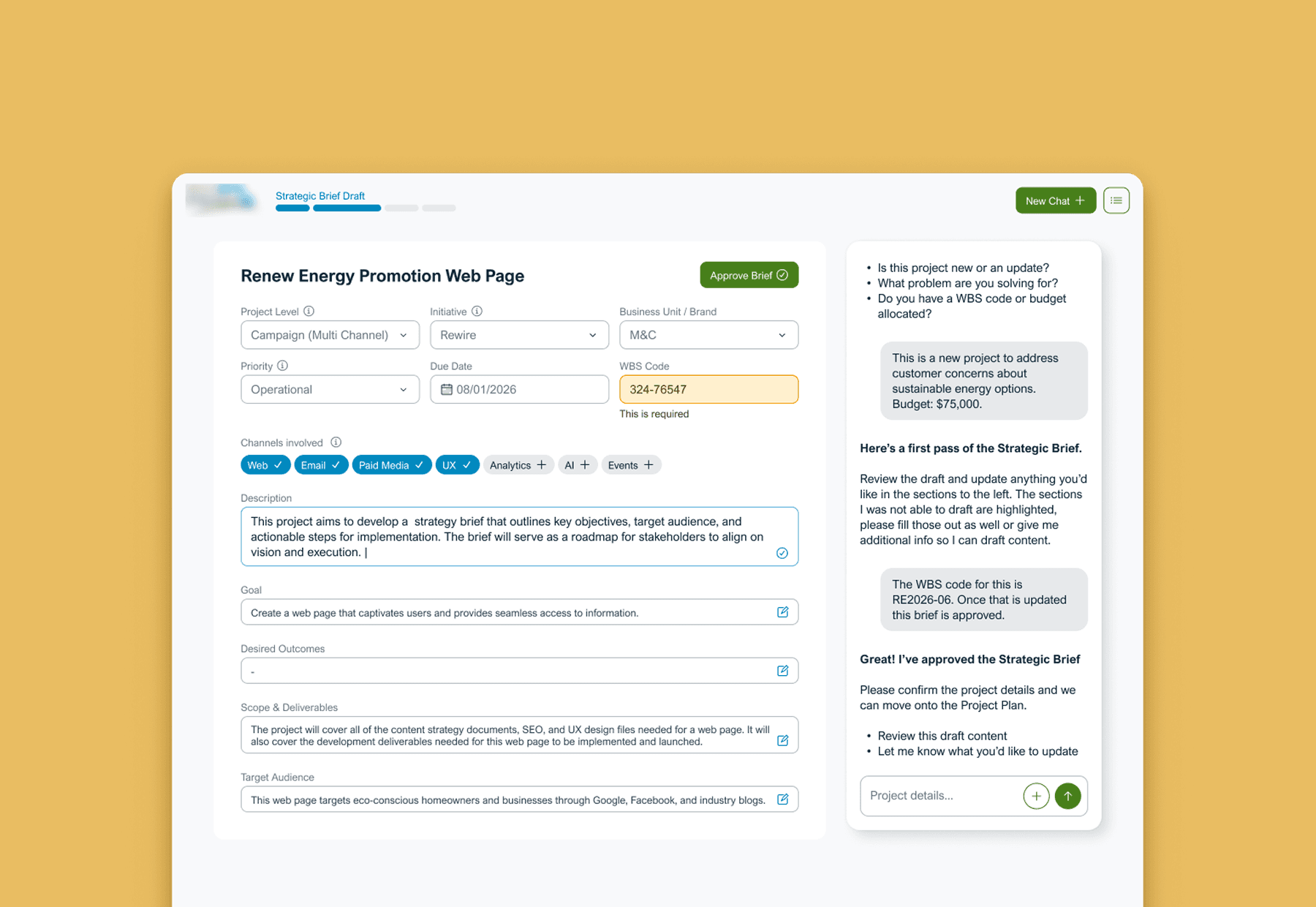 Project intake agent interface for describing a new project