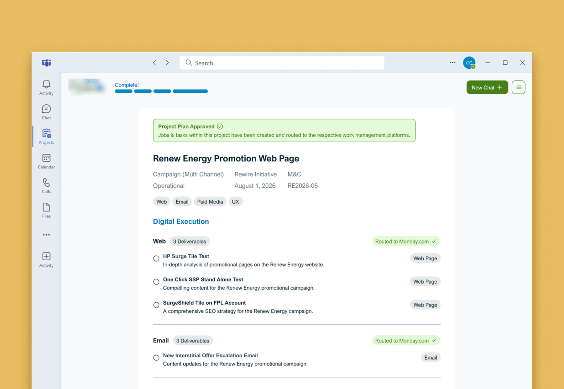 Teams app showing a renewable energy project plan with routed deliverables