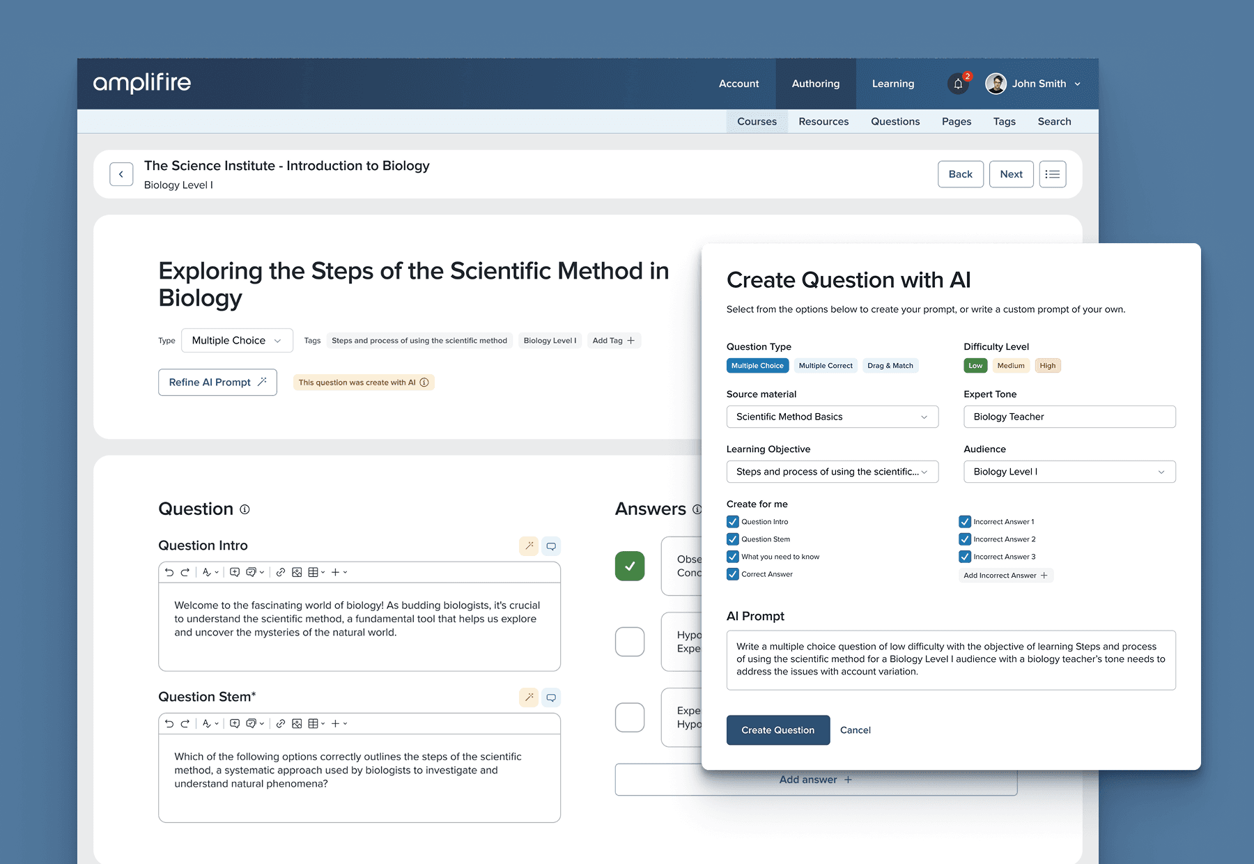 Authoring tool for creating a multiple choice question with an AI-assisted prompt panel