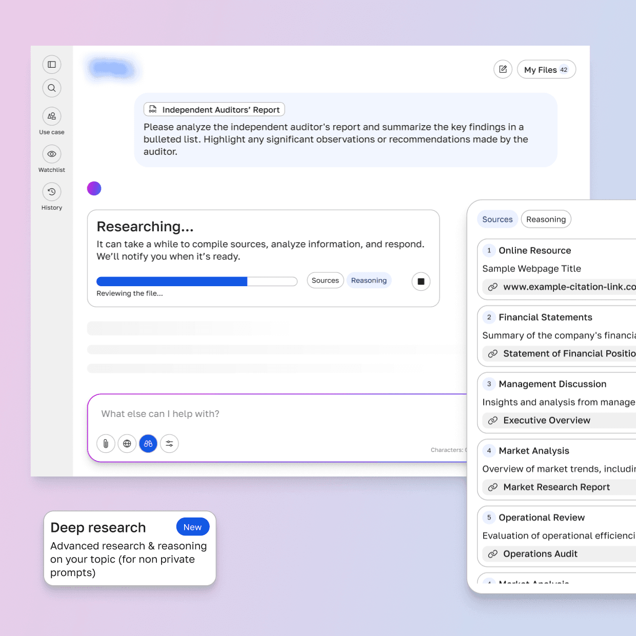 AI research assistant interface analyzing an independent auditor's report, showing a live research progress panel and a sources list citing financial statements, management discussion, and market analysis