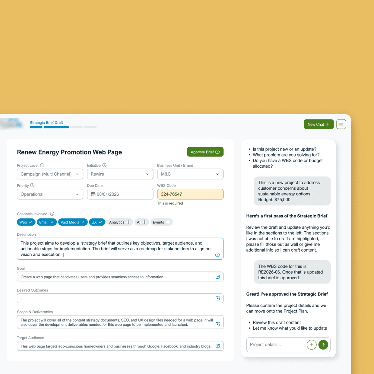 Strategic brief drafting tool for a renewable energy marketing project, with structured project fields alongside an AI chat assistant guiding the brief through approval