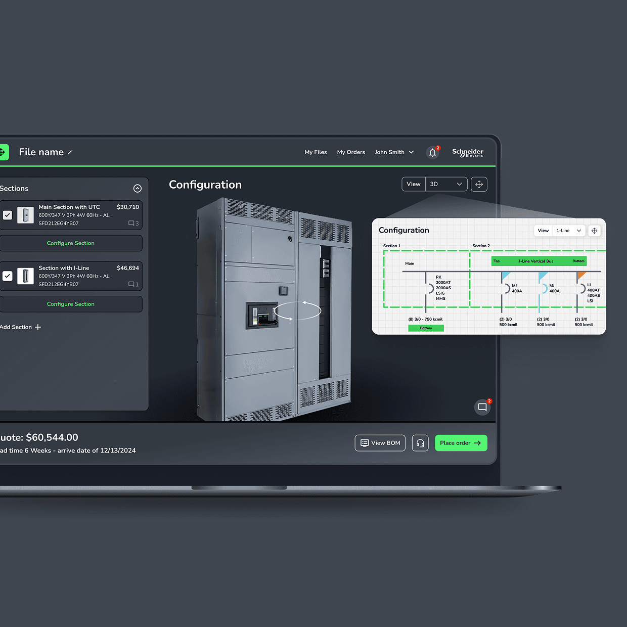 Switchboard configuration tool showing a 3D product render next to a matching 1-line electrical diagram, with section-by-section pricing and an order summary