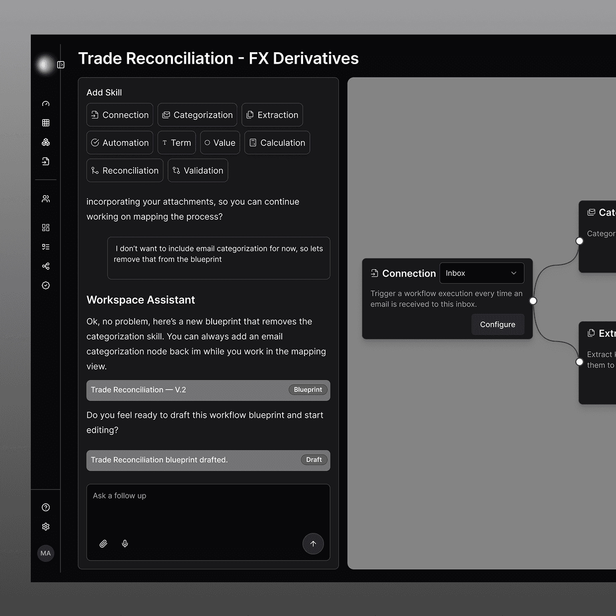 Agentic workflow builder for an FX derivatives trade reconciliation process, with a chat-based assistant refining the workflow alongside its visual node diagram