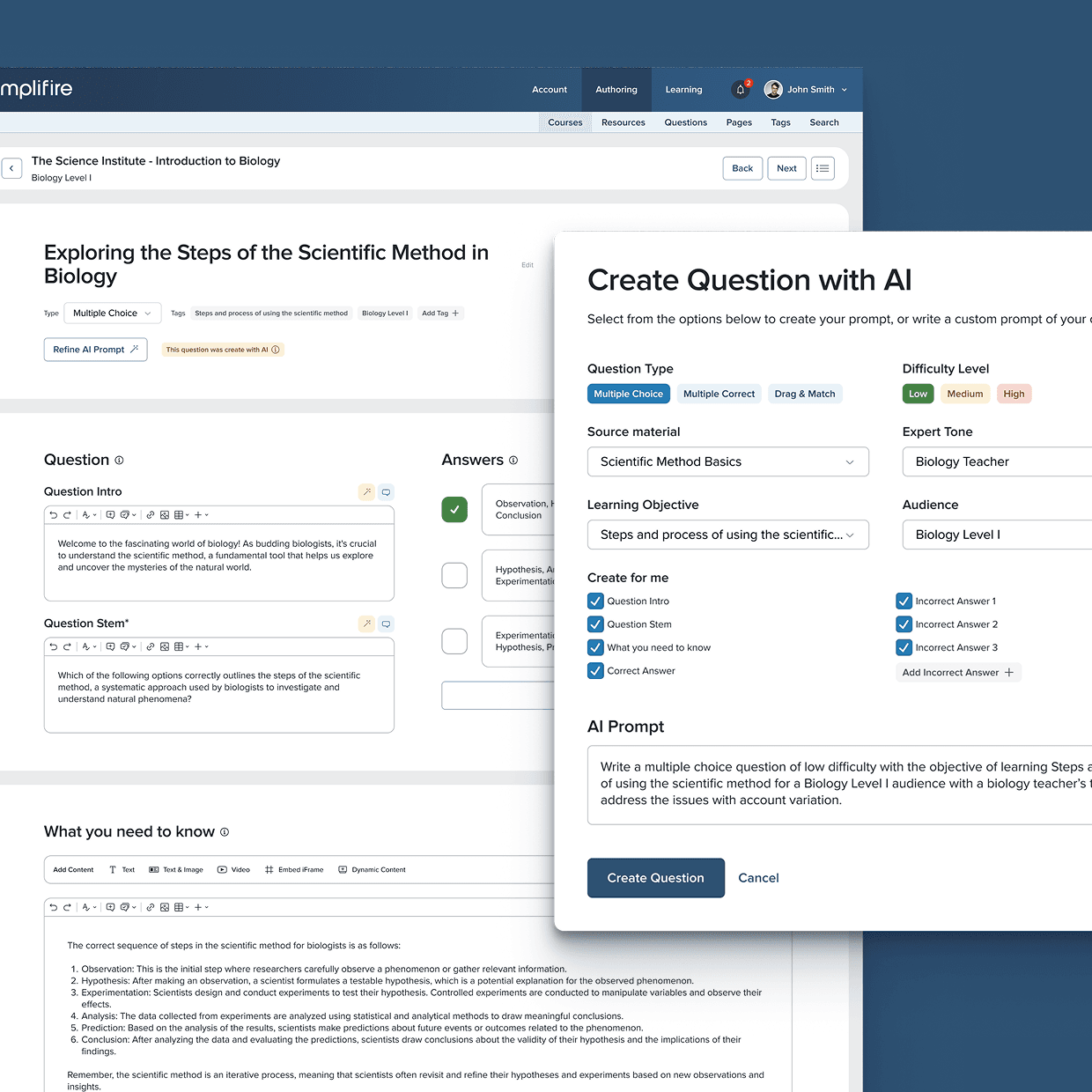 Course authoring interface for a biology quiz question, with an AI question-generation panel for setting question type, difficulty, learning objective, and audience