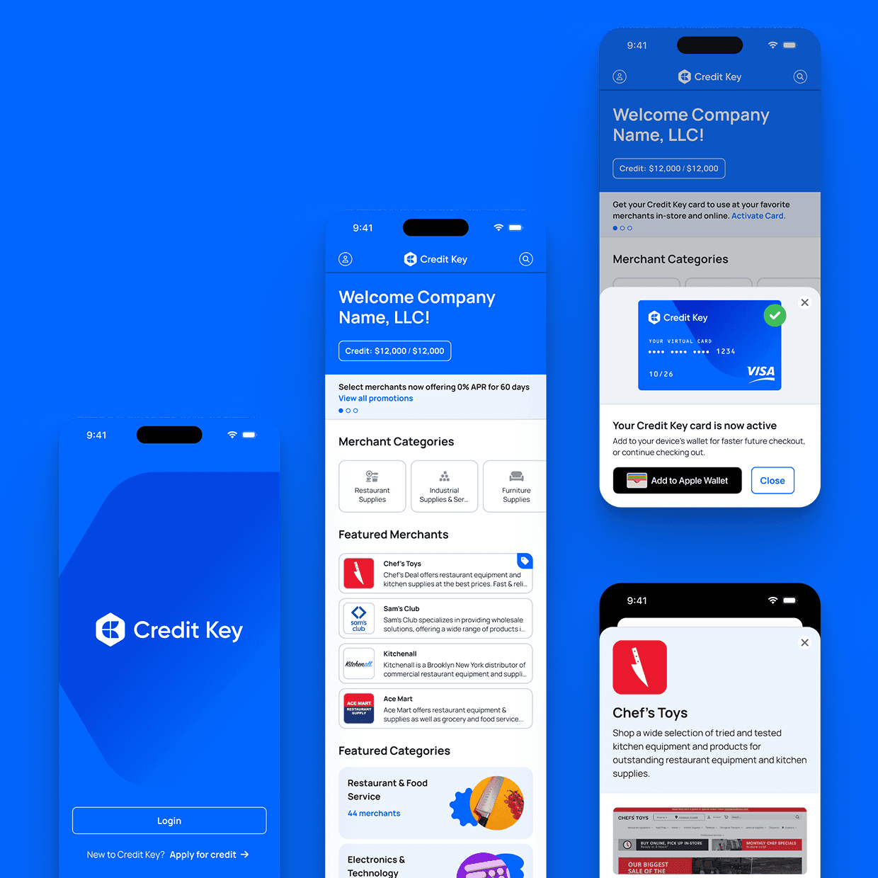 Credit Key mobile app screens showing login, a merchant marketplace with credit balance and featured merchants, and a virtual card activation confirmation