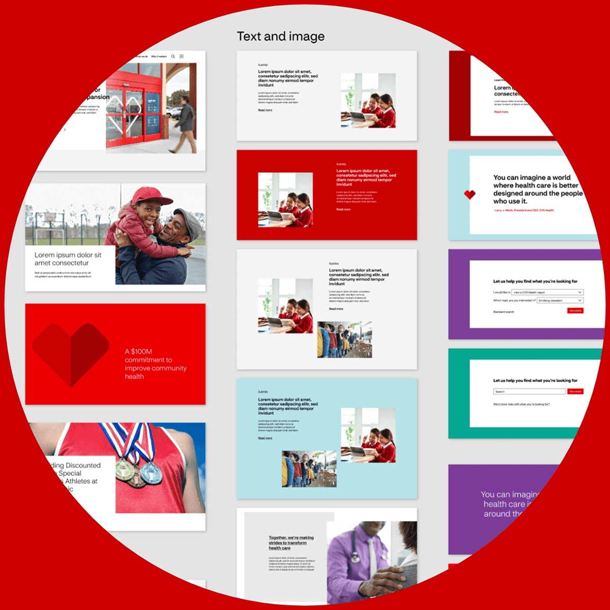 Grid of modular content components from the CVS Health design system, including text-and-image layouts, stat callouts, and quote blocks reused across the website